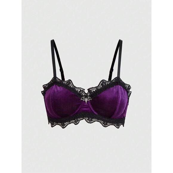 Goth Emo Punk Purple Velvet Crop Top Bralette w/ Bat Charm S (4) - Picture 1 of 5